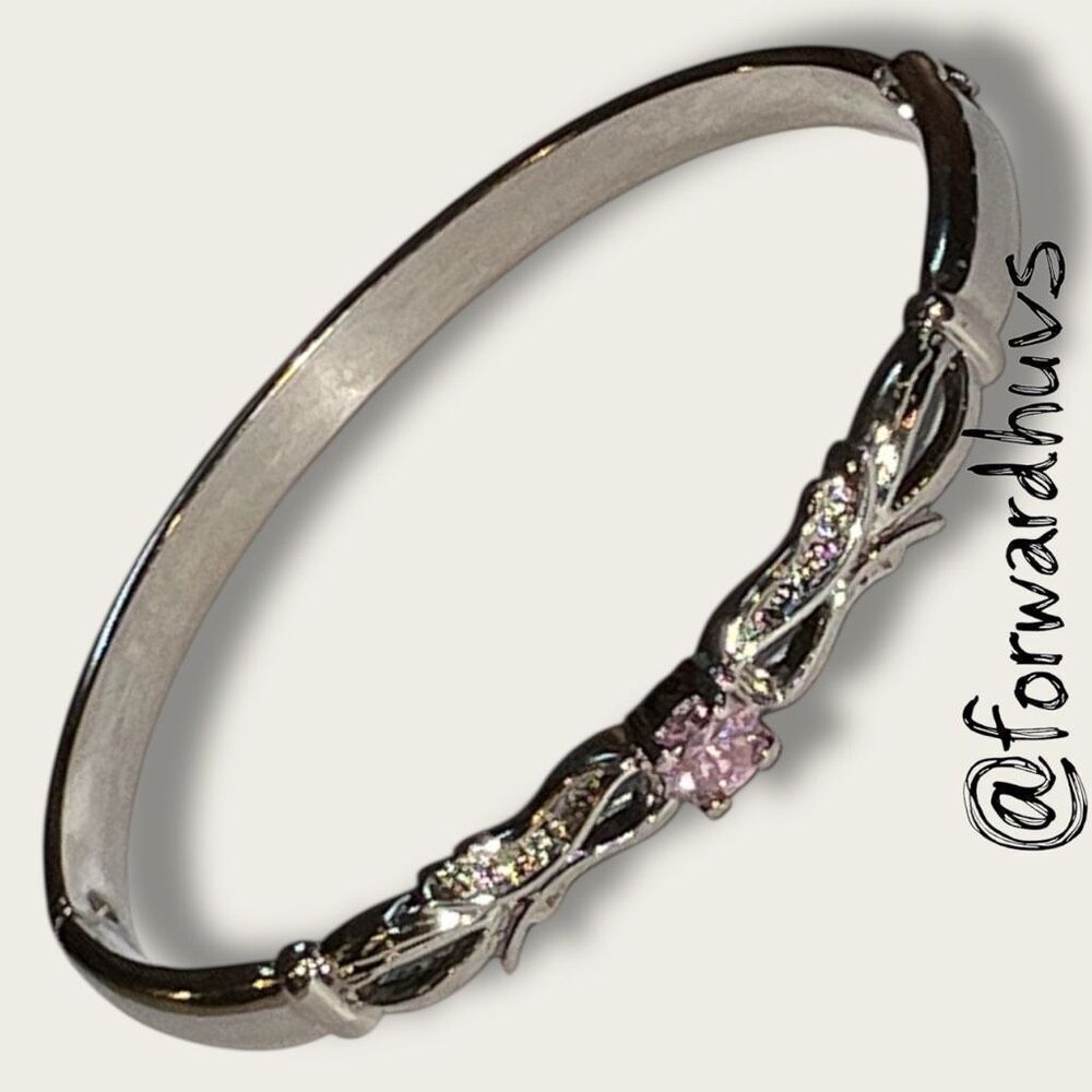 Silver-Plated Hinged Bracelet – Pink Cubic Zirconia - Ornate Center Pattern